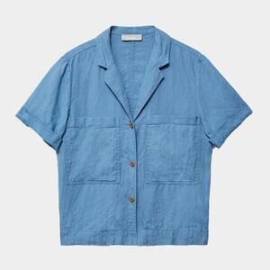 Everlane Workwear Shirt Top Dusty Blue Linen Boxy Button Short Sleeve Sz XL